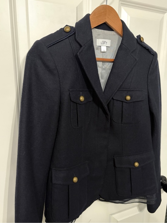 LOFT Jackets & Blazers - Beautiful Loft size 2 women’s wool  
navy blue military blazer with ruffle hem.